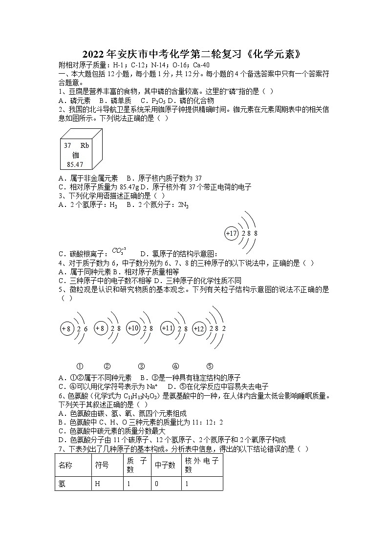 2022年安徽省安庆市中考化学第二轮复习---化学元素第1页