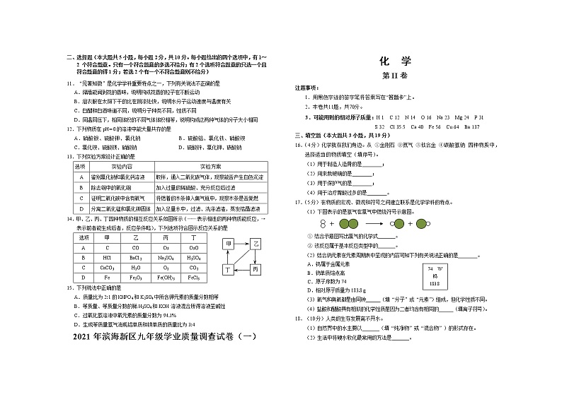 2021年天津市滨海新区九年级学业质量调查（一模）化学试卷02