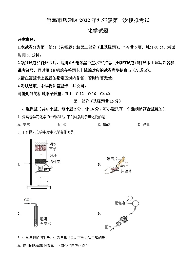 2022年陕西省宝鸡市凤翔区中考一模化学试题01