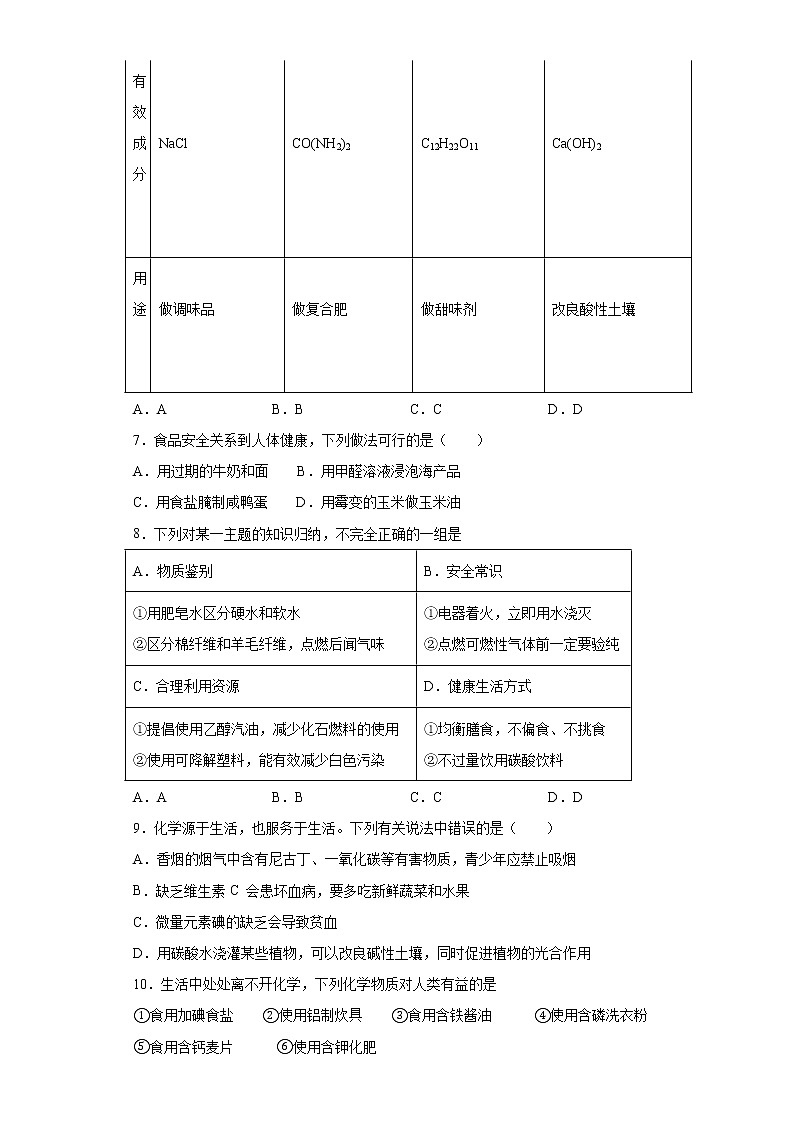 2022年中考化学二轮复习提升卷——化学物质与健康02
