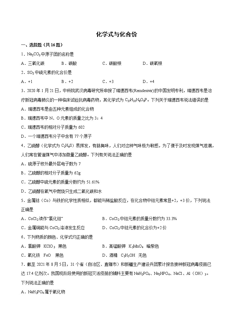 2022年中考化学二轮复习提升卷——化学式与化合价第1页