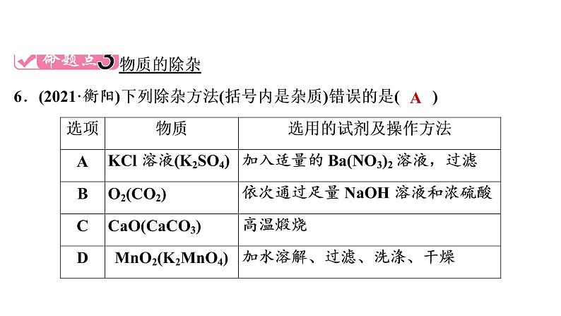 2022年湖南省衡阳市中考化学第1编模块5第17讲物质的共存、检验与鉴别、除杂与分离真题探究课件07