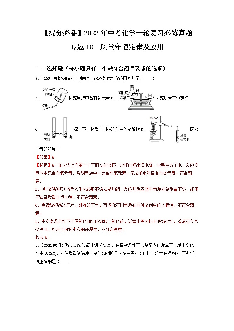 2022年中考化学一轮复习必练真题 专题10质量守恒定律及应用第1页