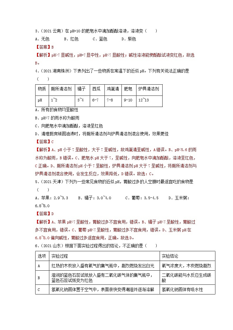 2022年中考化学一轮复习必练真题 专题17溶液的酸碱性第2页