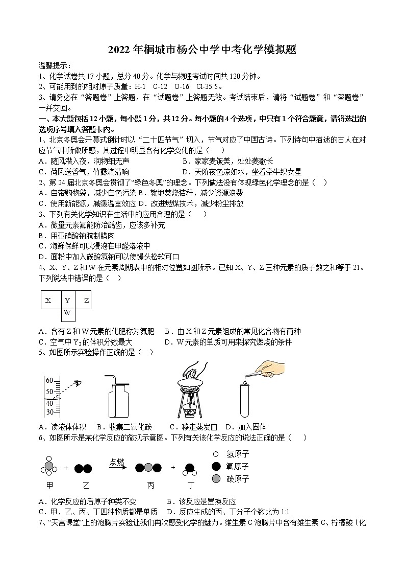 2022年安徽省桐城市杨公中学中考化学模拟题(word版含答案)01