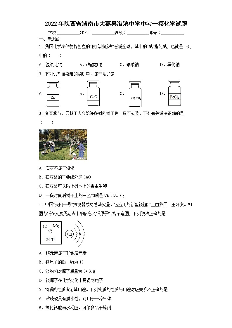 2022年陕西省渭南市大荔县洛滨中学中考一模化学试题(word版含答案)01