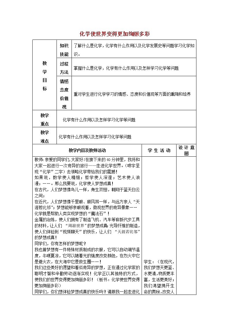 人教初中化学九上《0绪言 化学使世界变得更加殉丽多彩 (8)》教案01