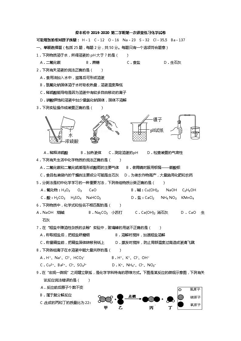 【一模】2020年10月初三化学一模真题卷 江苏省梁丰中学(无答案)01