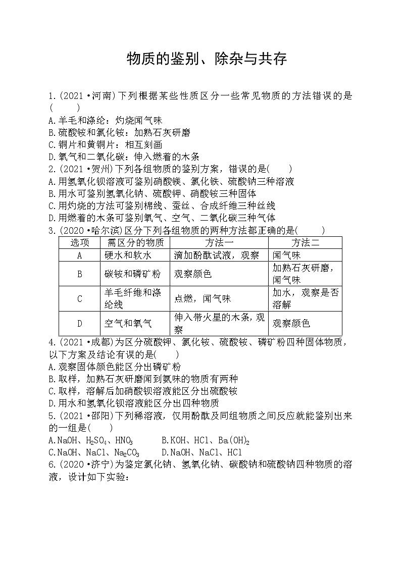 2022年中考化学专题训练---物质的鉴别、除杂与共存第1页