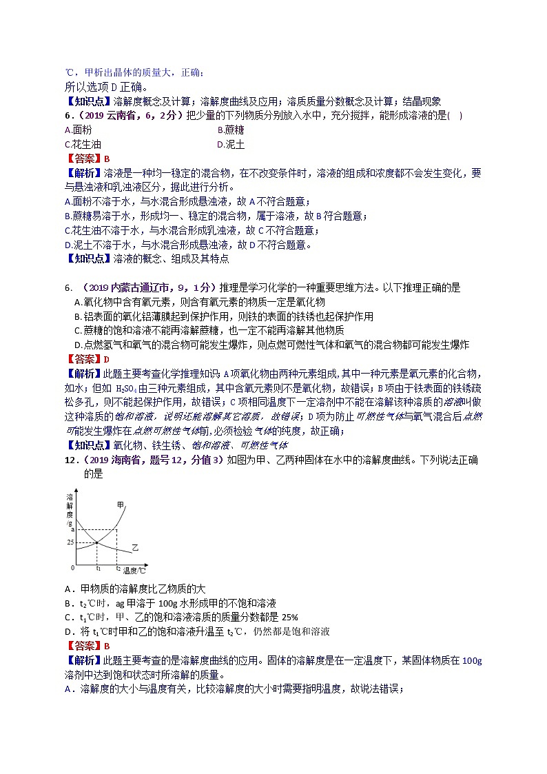 【分类汇编】2019年中考化学试题专项 溶液及溶解度曲线第3页