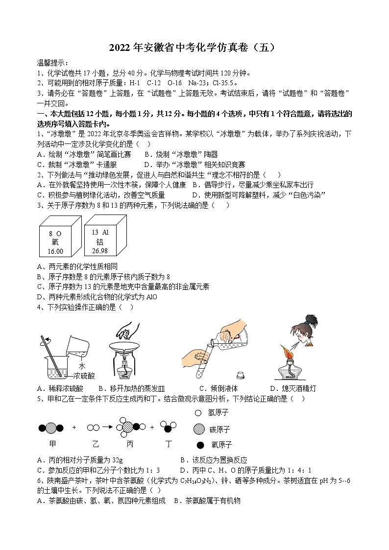 2022年安徽省中考化学仿真卷（五）(word版含答案)第1页
