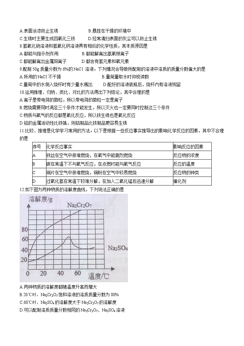 2022年安徽省马鞍山市和县中考第一次模拟监测化学试题(word版含答案)02