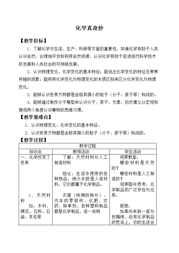 鲁教版九年级化学上册 1.1 化学真奇妙_ 教案01