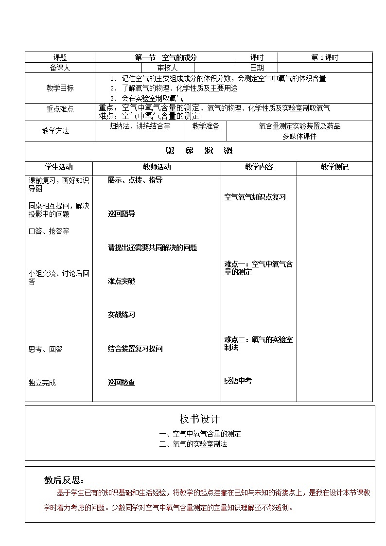 鲁教版九年级化学上册 4.1 空气的成分(1) 教案第1页