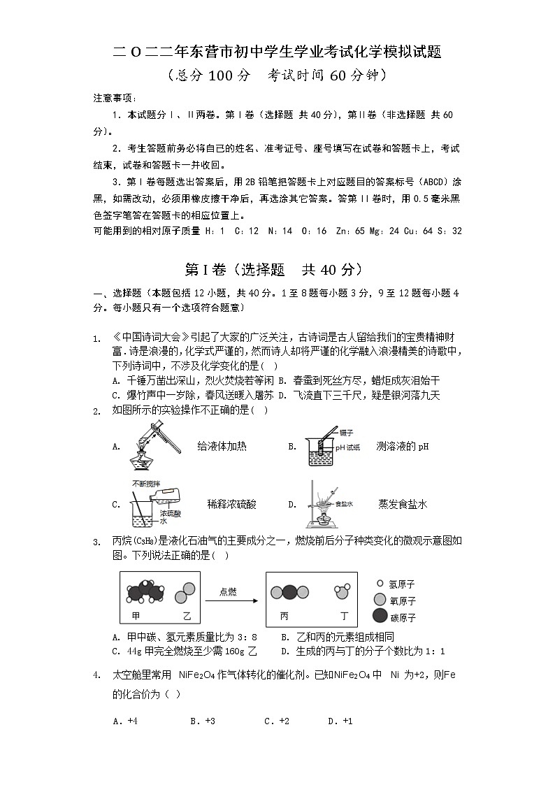 2022年山东省东营市初中学生学业考试化学模拟试题(word版含答案)第1页
