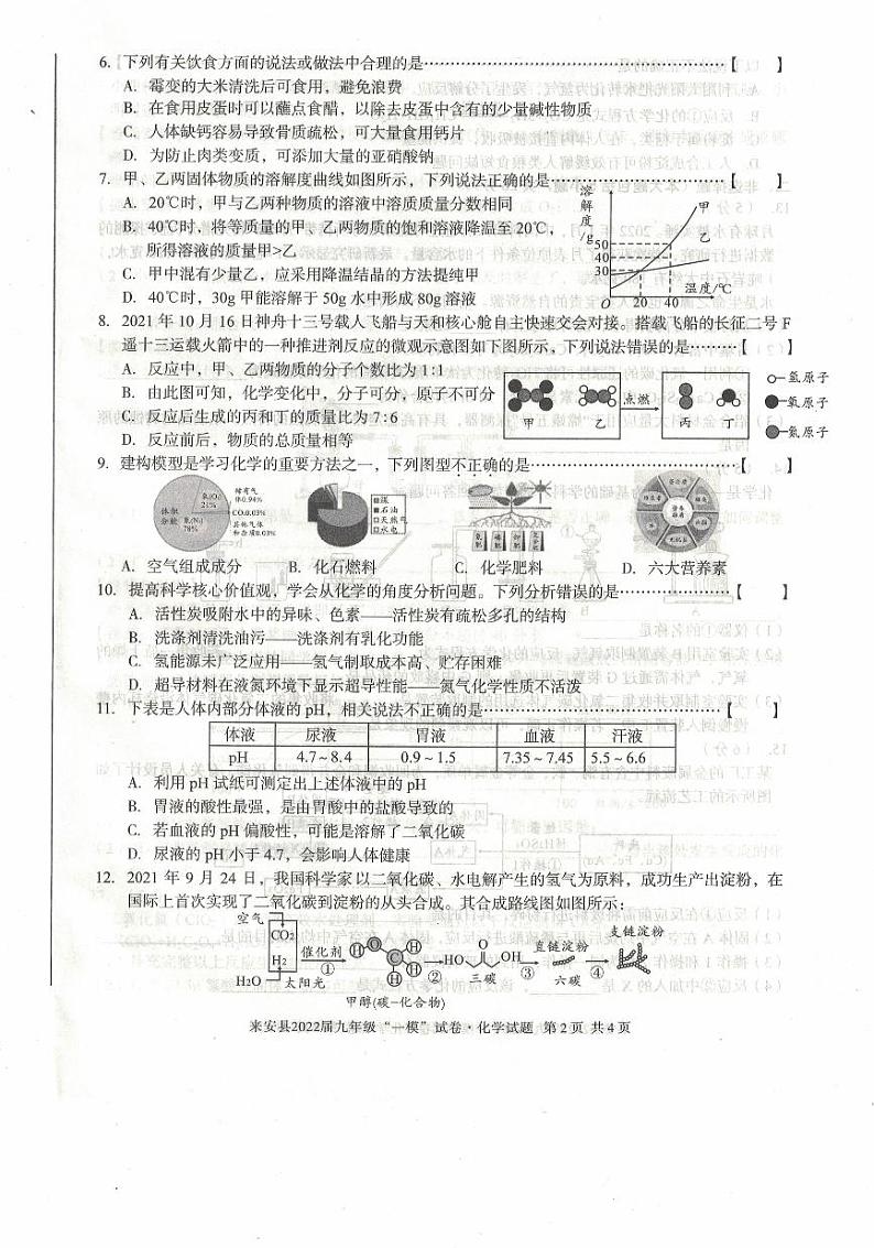 2022年安徽省滁州市来安县九年级中考一模化学试题（有答案）第2页