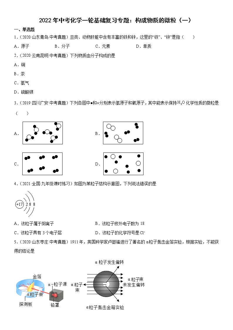 2022年中考化学一轮基础复习专题构成物质的微粒（一）第1页