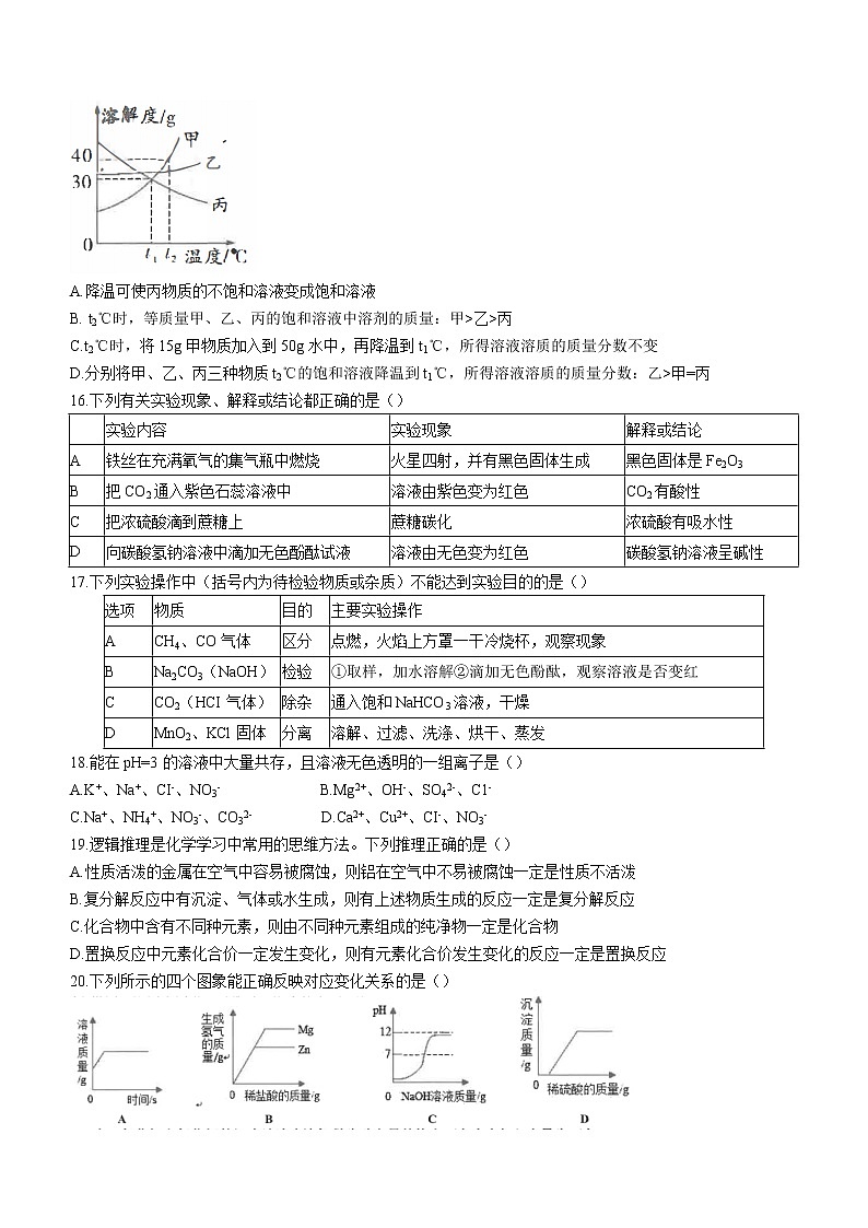 2022年广西南宁市三美学校中考三模化学试题(word版含答案)03