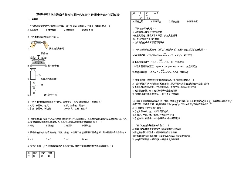 2020-2021学年湖南省株洲市某校九年级下期-期中考试_（化学）试卷人教版第1页