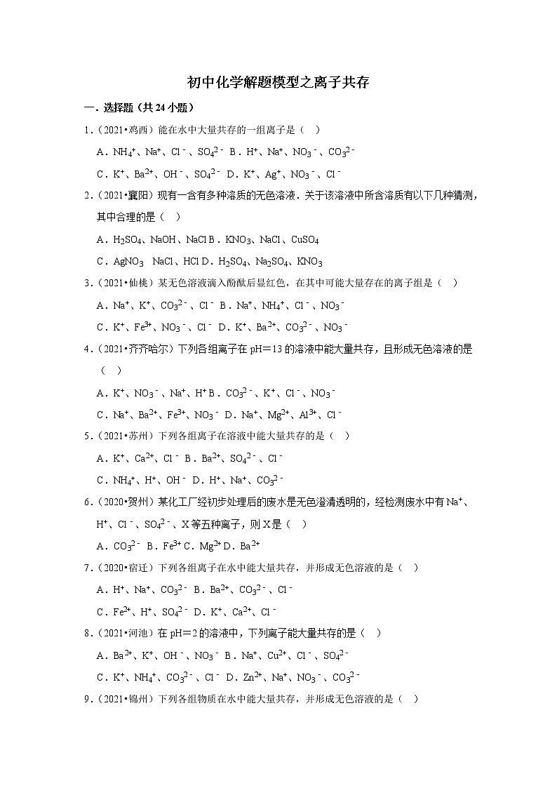 2022年初中化学解题模型与方法之化学实验-离子共存（含答案）01