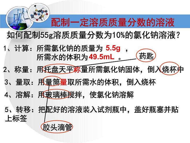 沪教版九下化学 6.4基础实验5 配制一定溶质质量分数的氯化钠溶液 复习 课件07