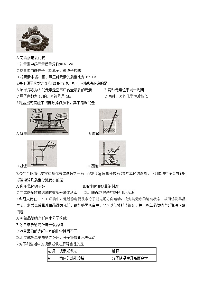 2022年安徽省合肥市庐江县九年级质量检测化学试题(word版无答案)第2页