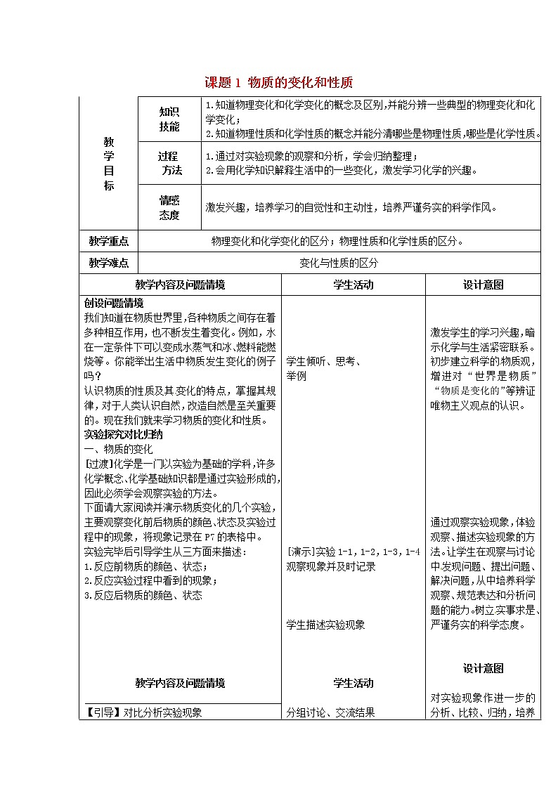 人教初中化学九上《1课题1物质的变化和性质》学案·第1页