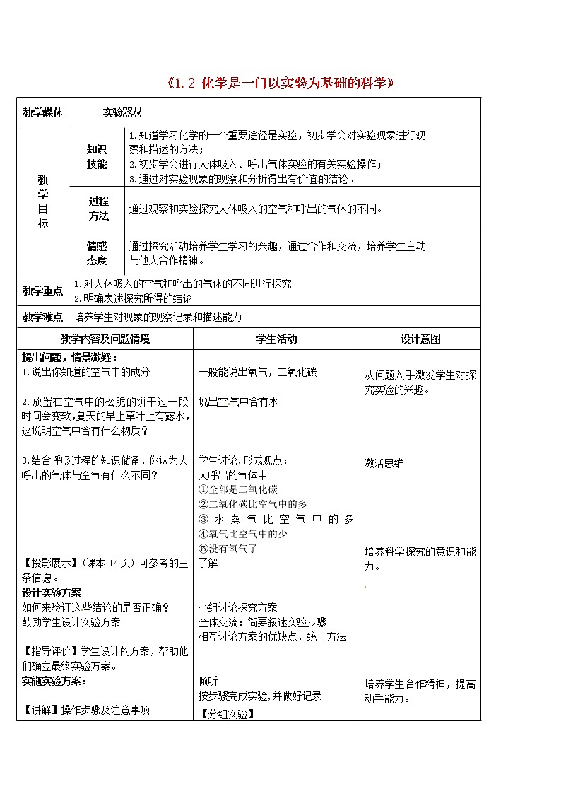 人教初中化学九上《1课题2化学是一门以实验为基础的科学》word教案第1页