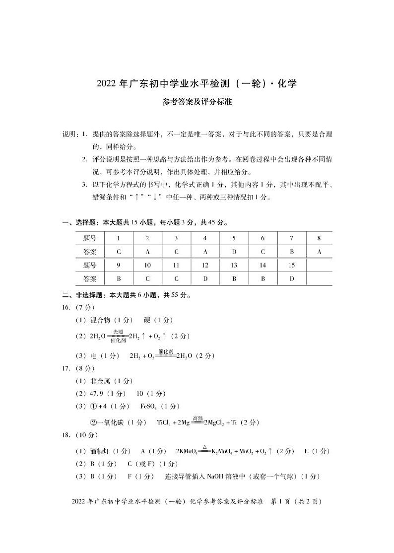 2022年广东省初中学业水平检测（一轮）化学试卷01