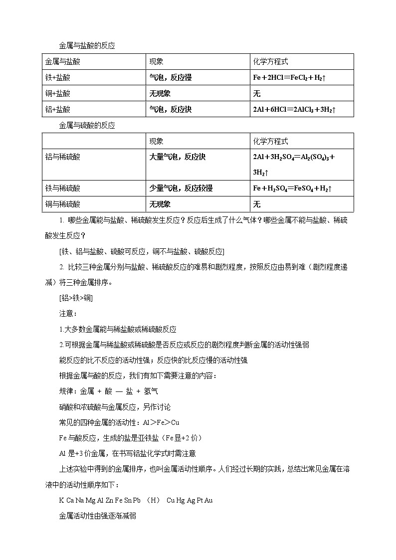 鲁教版化学 9.2金属的化学性质 教案第3页
