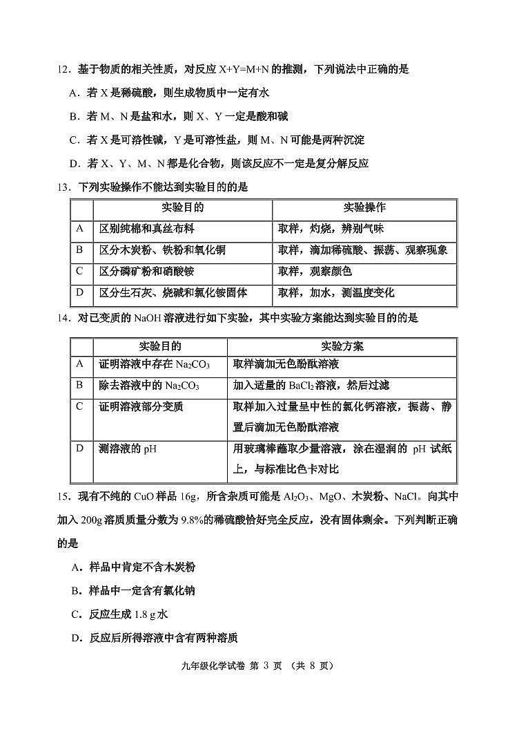 2022年天津河西区初三一模化学试卷及答案第3页