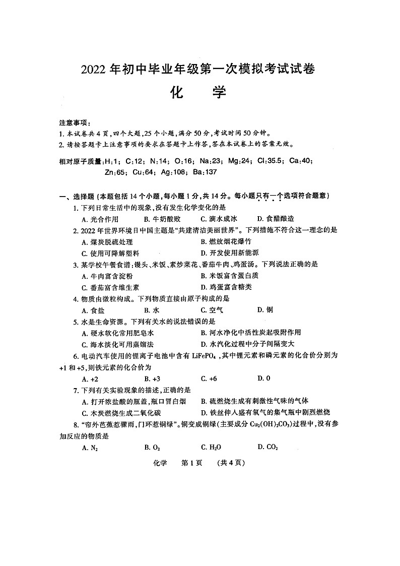 2022年河南省濮阳市初中毕业年级第一次模拟考试化学卷+答案（图片版）第1页