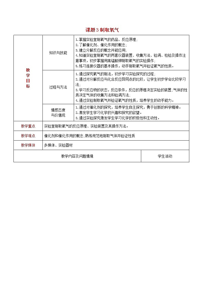 人教初中化学九上《2课题3制取氧气》word教案 (6)第1页