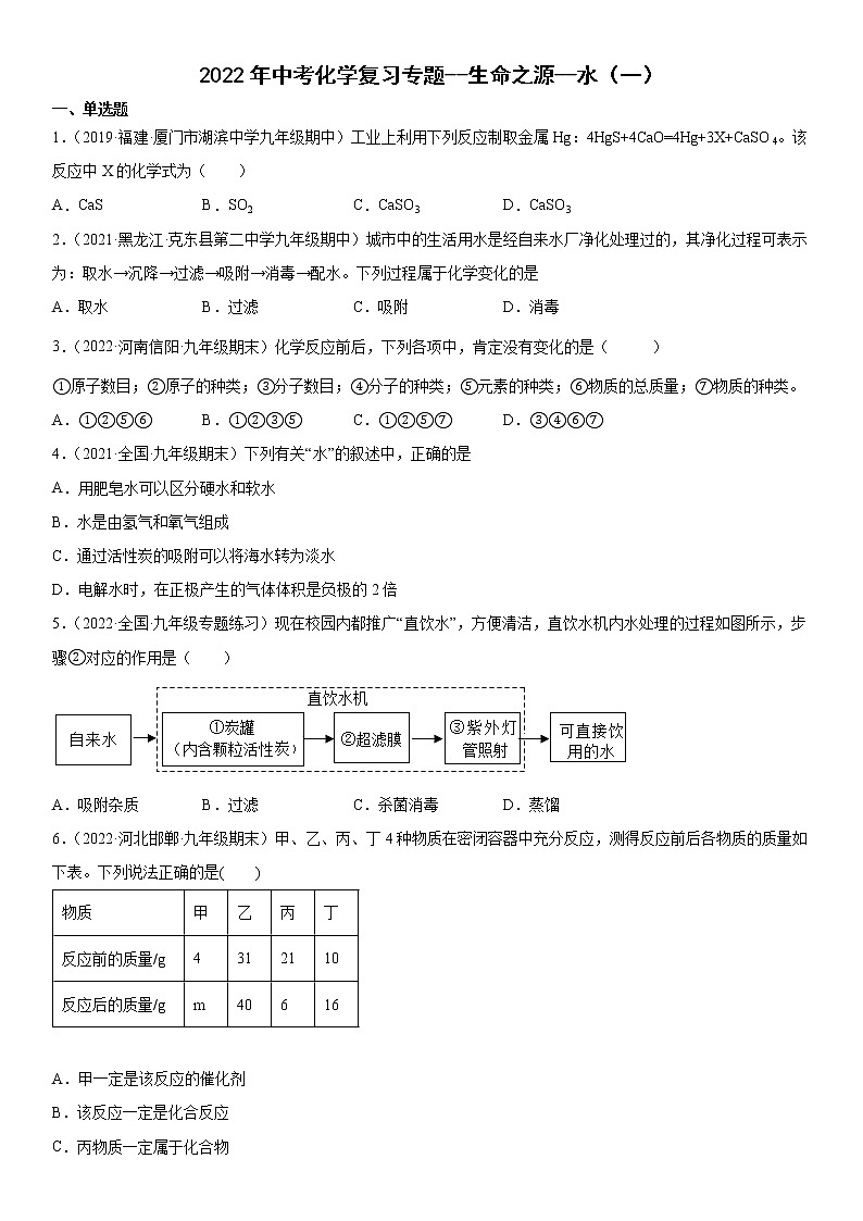 2022年中考化学二轮复习专题生命之源——水（一）第1页
