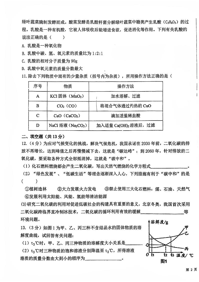 2022年宁夏固原市西吉县九年级第一次模拟考试化学试题无答案第3页