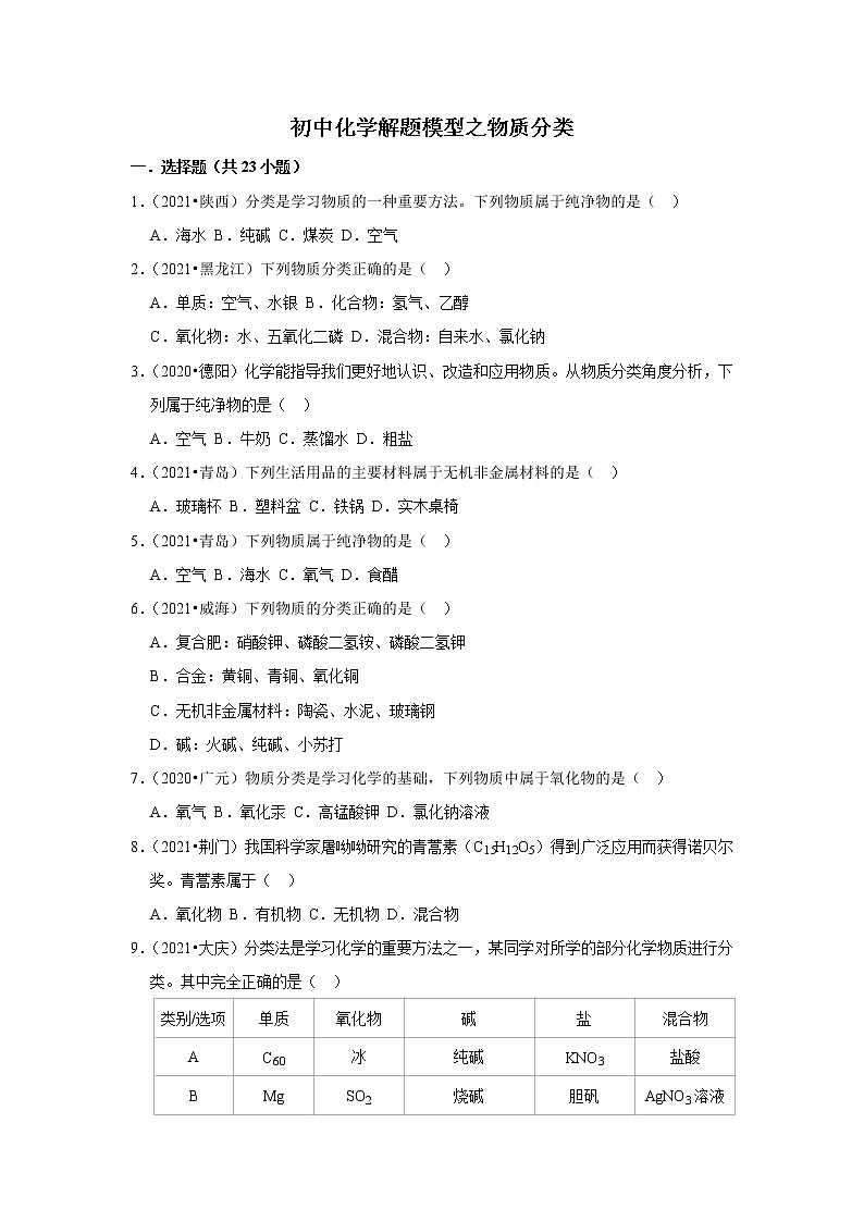 2021年初中化学解题模型之物质分类（含答案）第1页