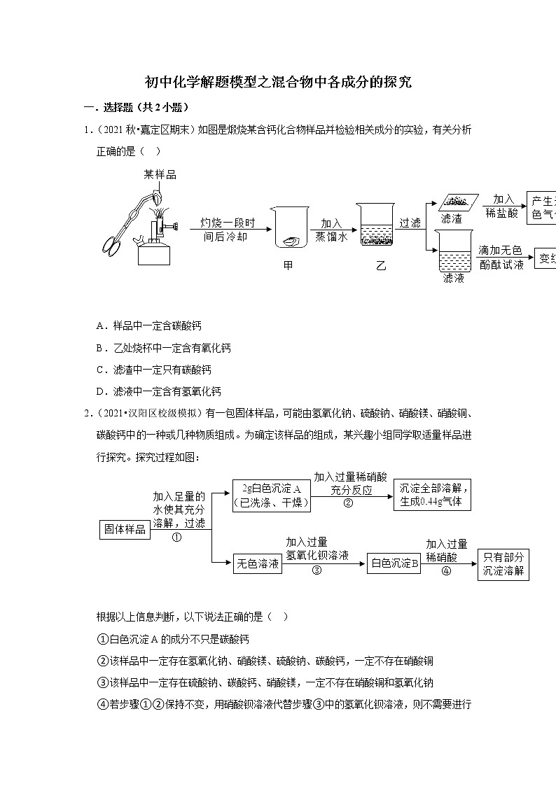 2021年初中化学解题模型之混合物中各成分的探究（含答案）01