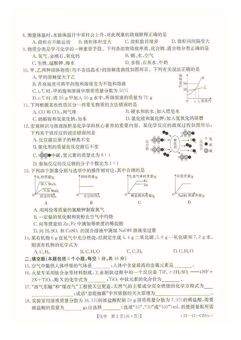 2022年河南省安阳市内黄县九年级适应性测试试卷化学试题02