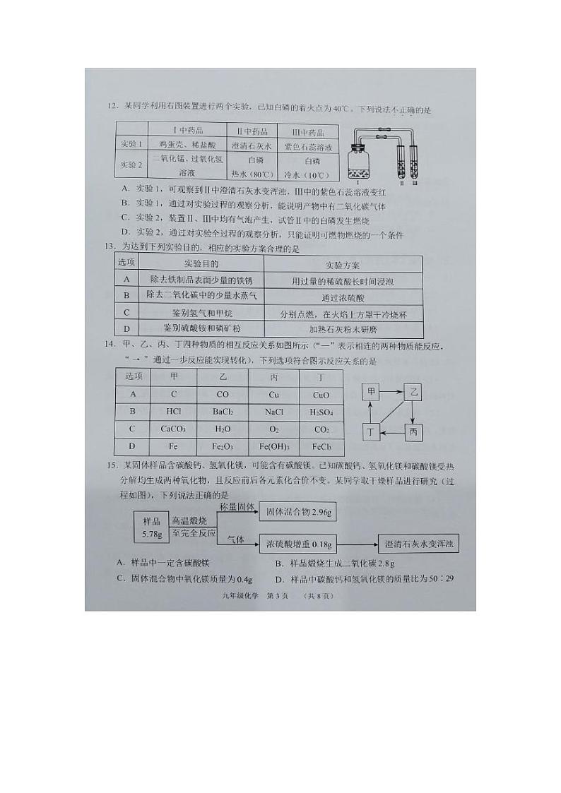 2022年天津市南开区九年级化学一模试卷（图片版 无答案）03
