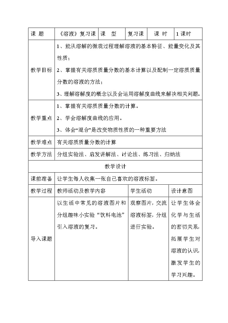 鲁教版（五四制）九下化学 1.6溶液 单元整理与复习  教案01
