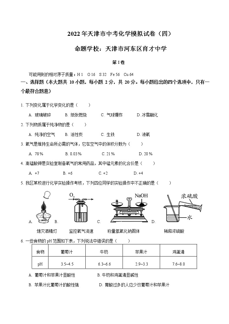 2022年天津市河东区育才中学中考模拟化学试卷（四）第1页
