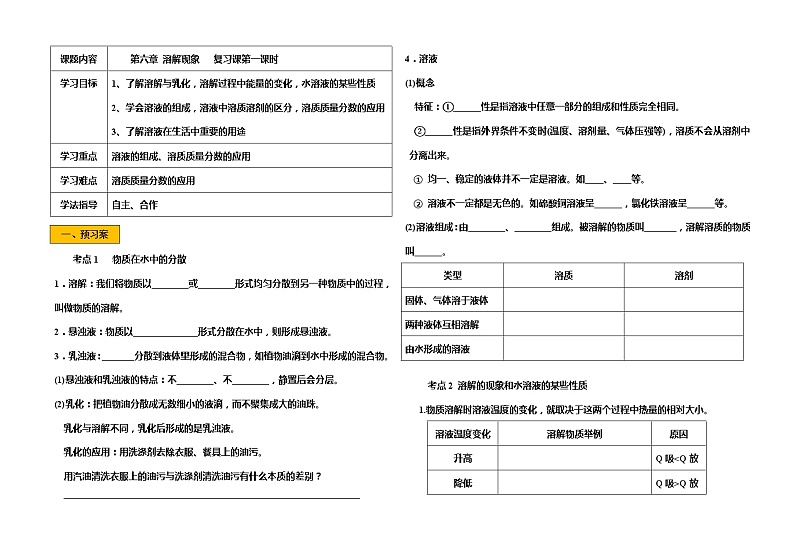 沪教版9下化学  6.6溶解现象 整理与归纳  教案第1页