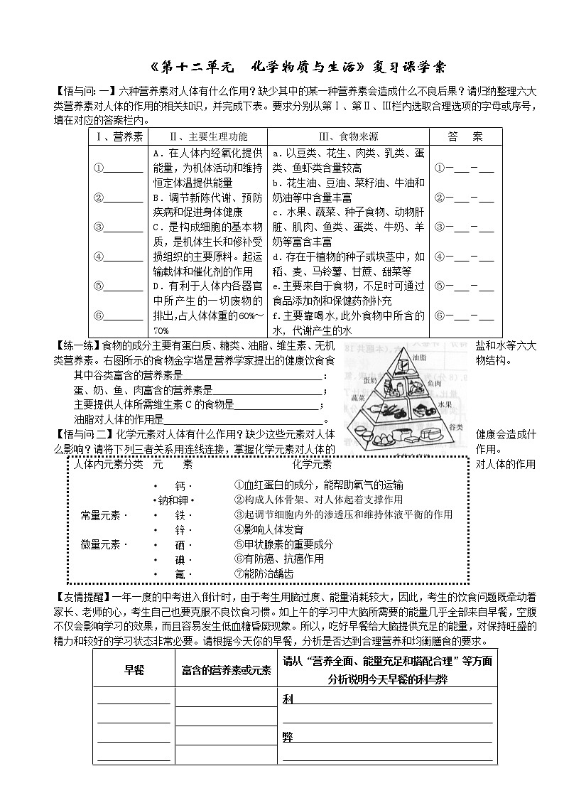 《第十二单元  化学物质与生活》复习课学案 (2)01