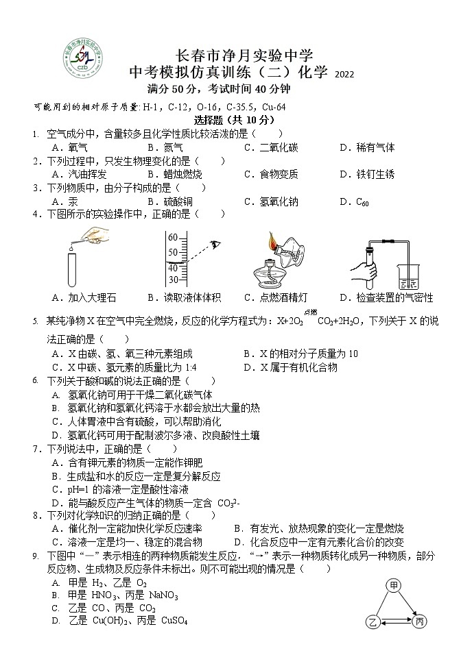 2022年吉林省长春市净月实验中学中考模拟仿真训练化学试题（二）第1页