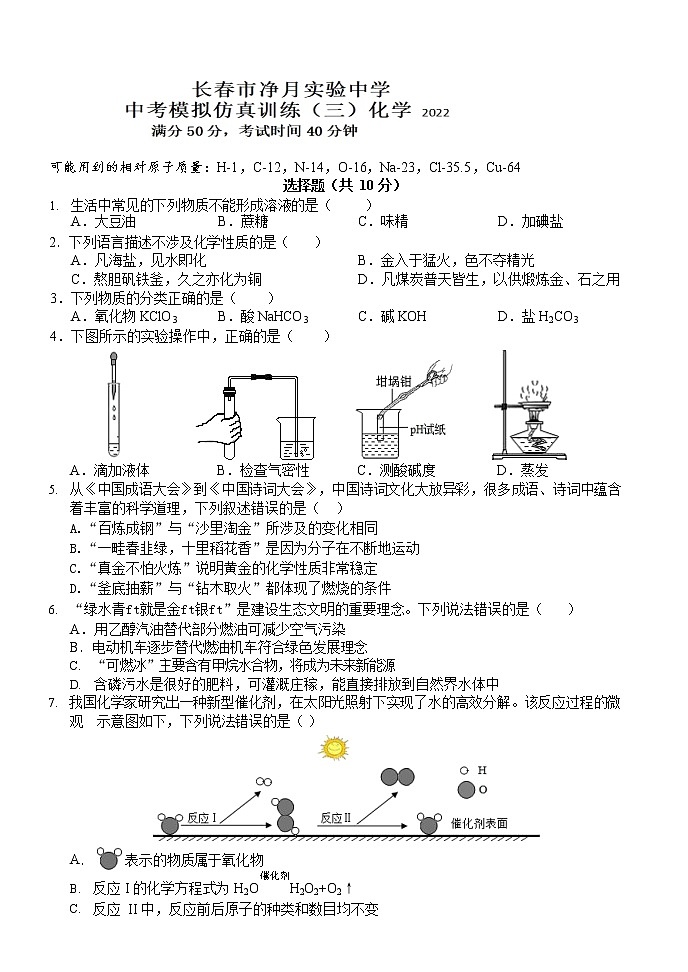 2022年吉林省长春市净月实验中学中考模拟仿真训练（三）化学试题第1页