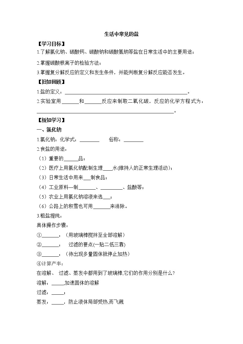 人教五四制9下化学 4.1生活中常见的盐 学案教案第1页