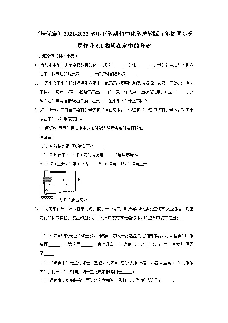 （培优篇）2021-2022学年沪教版九年级化学下册 第6章 6.1物质在水中的分散（含答案）练习题01