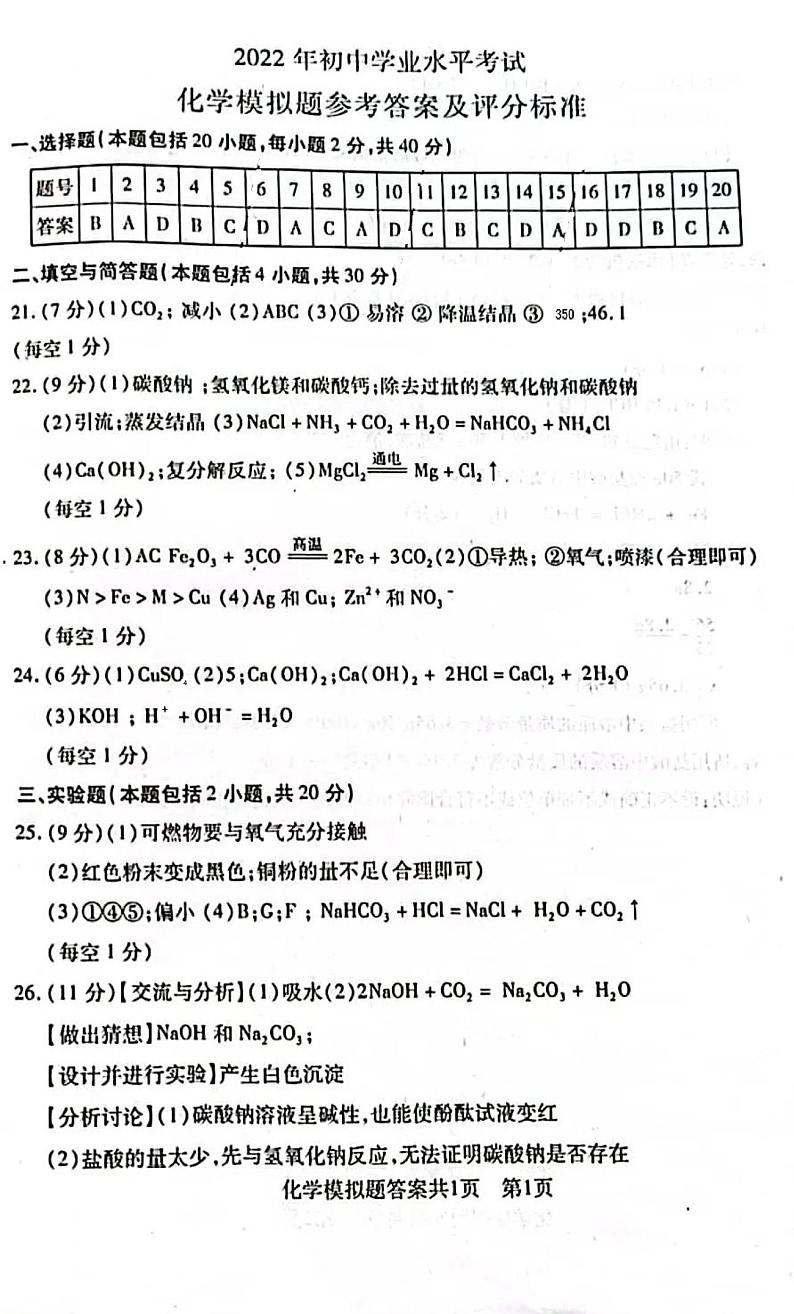 2022年山东省泰安市泰山区中考一模化学试题01
