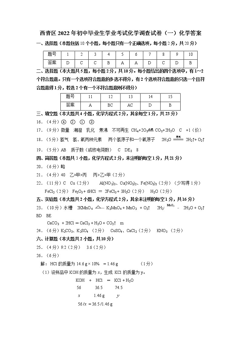 2022年天津市西青区中考一模化学试题01