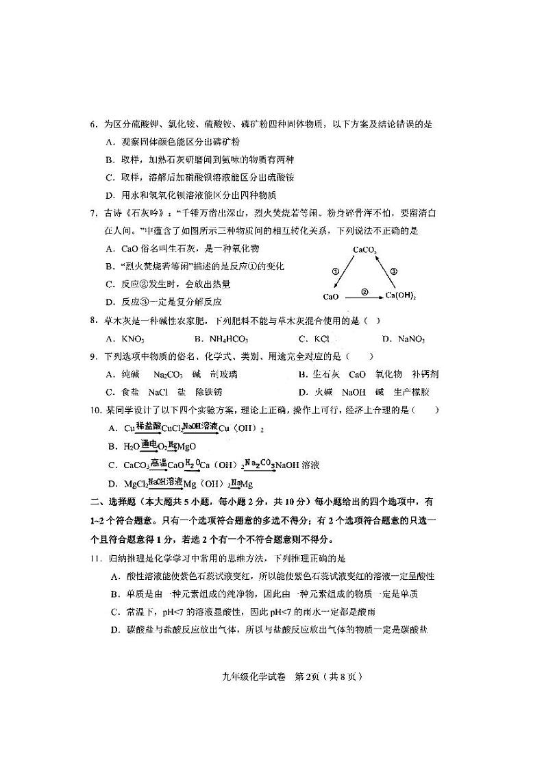天津市和平区2022年九年级第一次质量调查化学试卷含答案（初三一模）02
